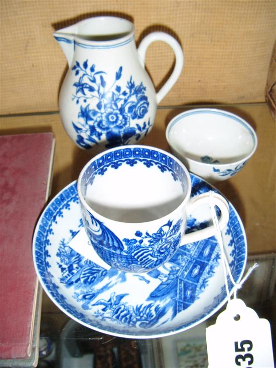 Caughley fisherman pattern coffee cup and saucer, a Worcester jug and a teabowl